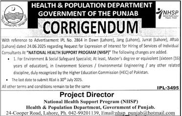 Health & Population Department Lahore Tender Notice
